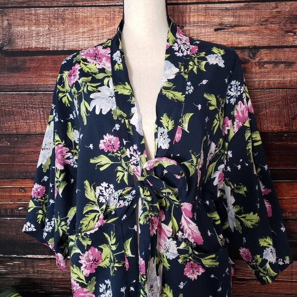 Banana Republic Kimono Robe One Size Tie Front Pockets Navy Floral Cotton Rayon - Picture 7 of 9